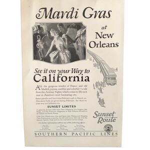 Vintage 1927 Southern Pacific Lines Mardi Gras Ad Advertisement